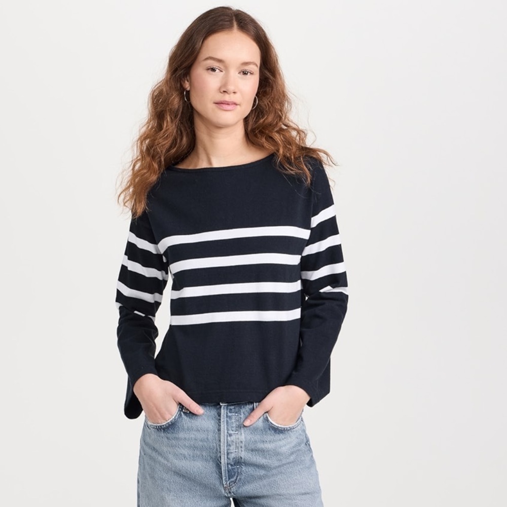 Faherty Women's Sport Jersey Boatneck Striped Long Sleeve Top - Navy and White
